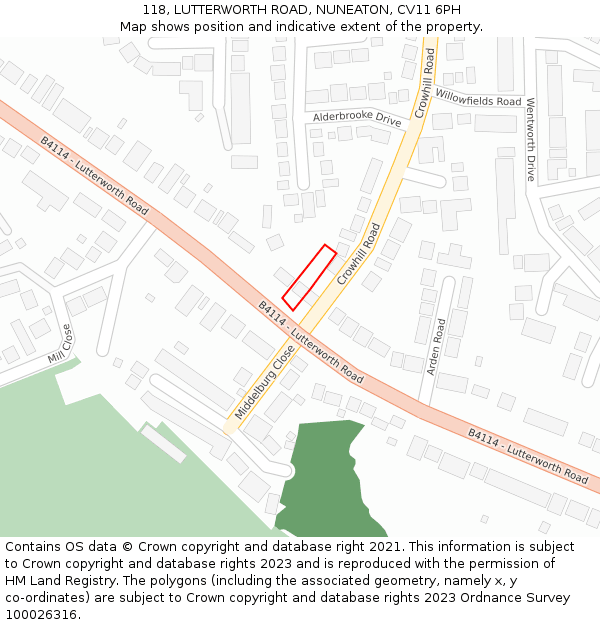 118, LUTTERWORTH ROAD, NUNEATON, CV11 6PH: Location map and indicative extent of plot