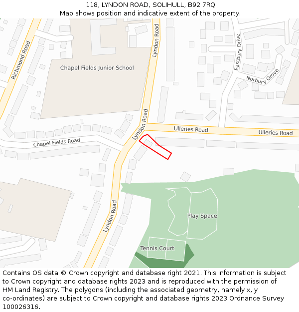 118, LYNDON ROAD, SOLIHULL, B92 7RQ: Location map and indicative extent of plot
