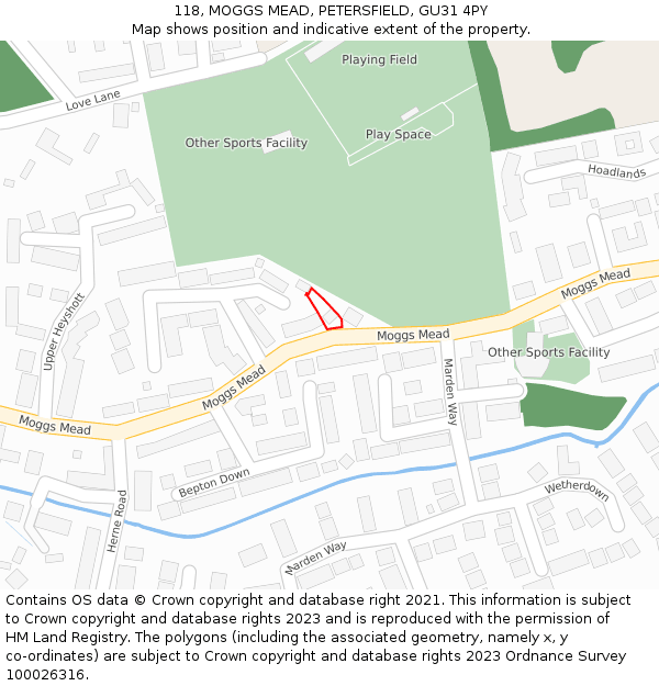 118, MOGGS MEAD, PETERSFIELD, GU31 4PY: Location map and indicative extent of plot