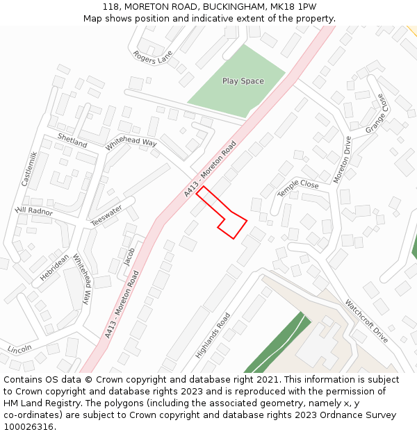 118, MORETON ROAD, BUCKINGHAM, MK18 1PW: Location map and indicative extent of plot