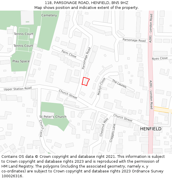 118, PARSONAGE ROAD, HENFIELD, BN5 9HZ: Location map and indicative extent of plot