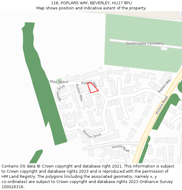 118, POPLARS WAY, BEVERLEY, HU17 8PU: Location map and indicative extent of plot