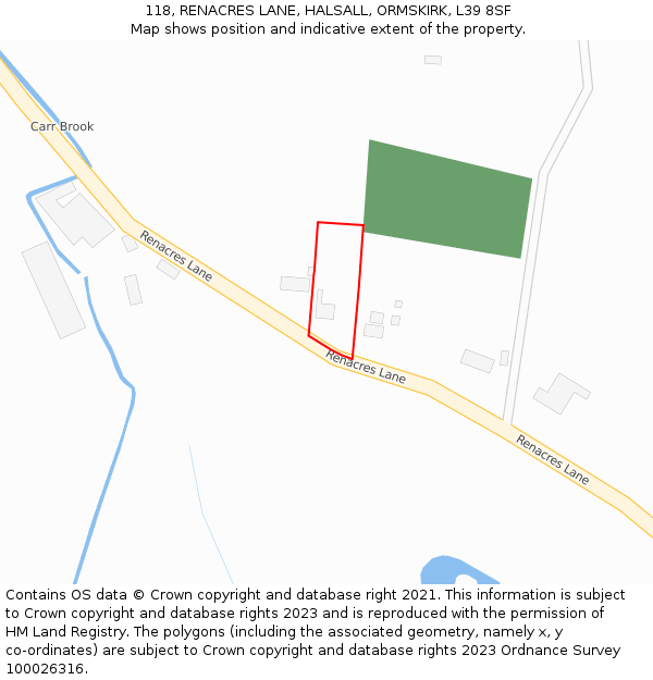 118, RENACRES LANE, HALSALL, ORMSKIRK, L39 8SF: Location map and indicative extent of plot