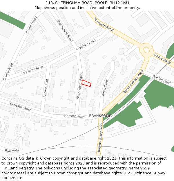 118, SHERINGHAM ROAD, POOLE, BH12 1NU: Location map and indicative extent of plot