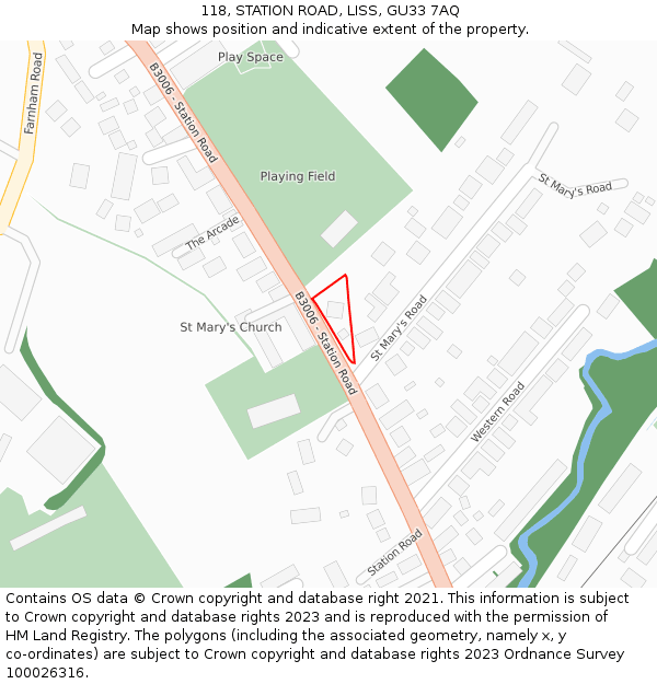 118, STATION ROAD, LISS, GU33 7AQ: Location map and indicative extent of plot