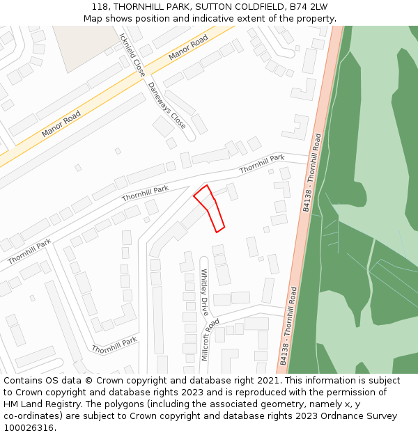 118, THORNHILL PARK, SUTTON COLDFIELD, B74 2LW: Location map and indicative extent of plot