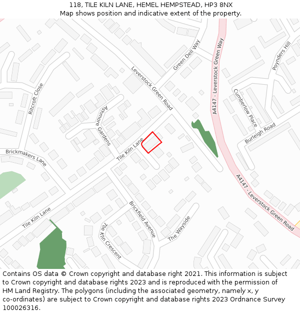 118, TILE KILN LANE, HEMEL HEMPSTEAD, HP3 8NX: Location map and indicative extent of plot