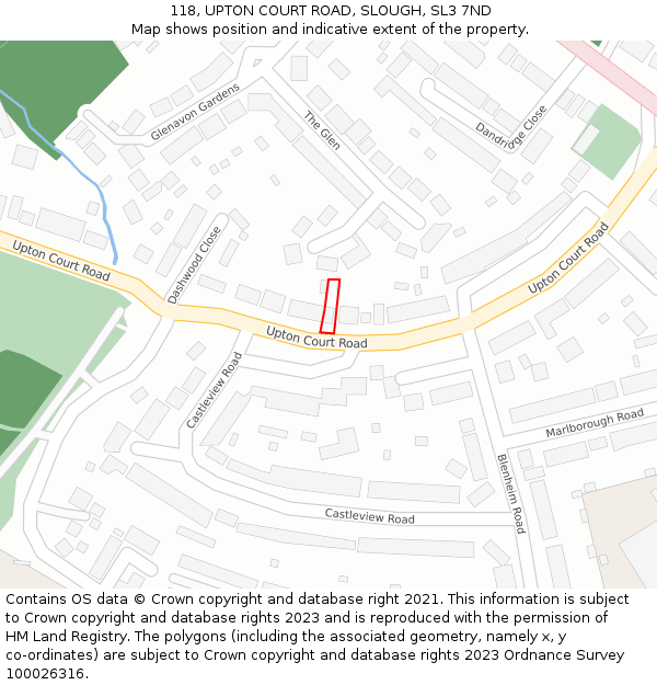 118, UPTON COURT ROAD, SLOUGH, SL3 7ND: Location map and indicative extent of plot