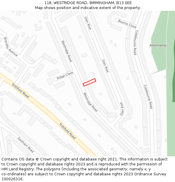 118, WESTRIDGE ROAD, BIRMINGHAM, B13 0EE: Location map and indicative extent of plot