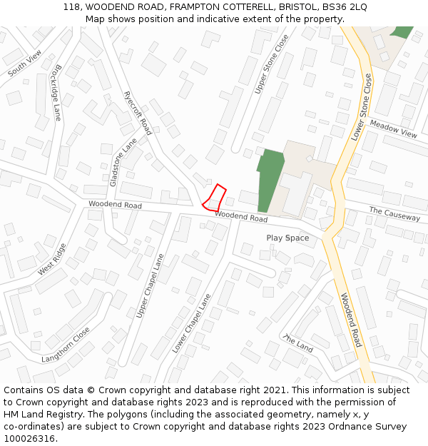 118, WOODEND ROAD, FRAMPTON COTTERELL, BRISTOL, BS36 2LQ: Location map and indicative extent of plot