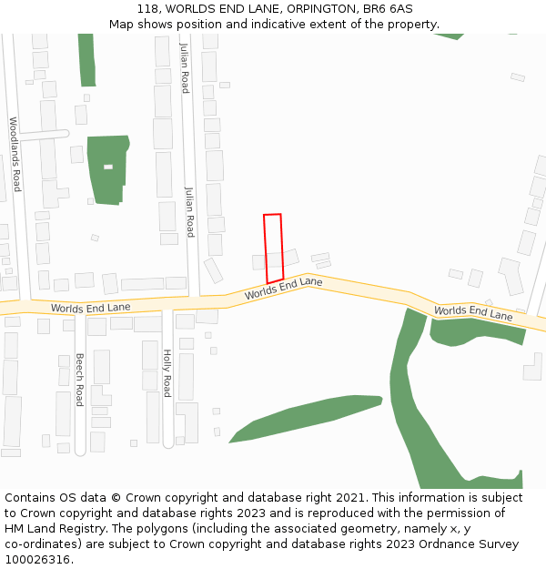 118, WORLDS END LANE, ORPINGTON, BR6 6AS: Location map and indicative extent of plot