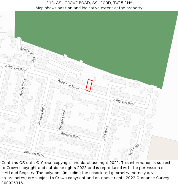 119, ASHGROVE ROAD, ASHFORD, TW15 1NY: Location map and indicative extent of plot