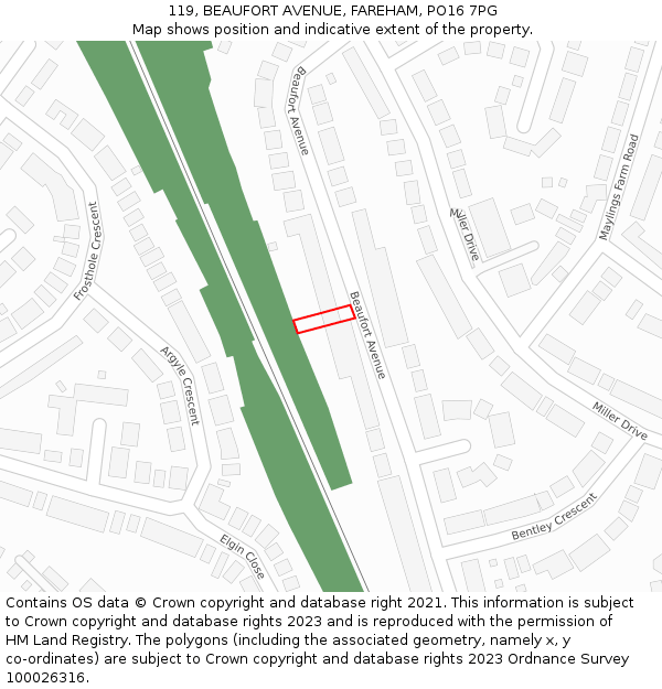 119, BEAUFORT AVENUE, FAREHAM, PO16 7PG: Location map and indicative extent of plot