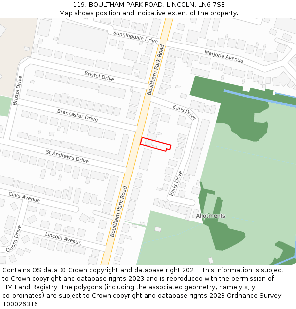 119, BOULTHAM PARK ROAD, LINCOLN, LN6 7SE: Location map and indicative extent of plot