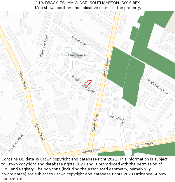 119, BRACKLESHAM CLOSE, SOUTHAMPTON, SO19 8RX: Location map and indicative extent of plot