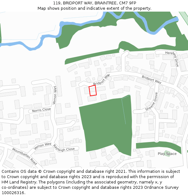 119, BRIDPORT WAY, BRAINTREE, CM7 9FP: Location map and indicative extent of plot