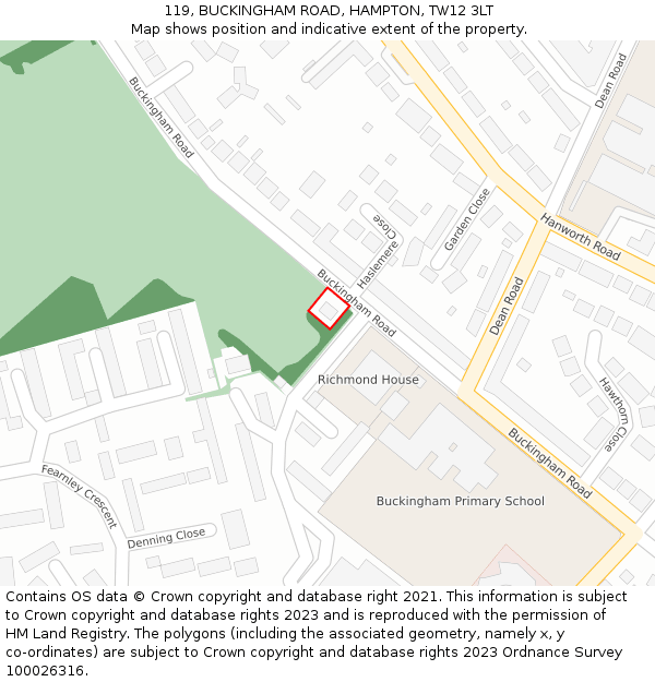 119, BUCKINGHAM ROAD, HAMPTON, TW12 3LT: Location map and indicative extent of plot