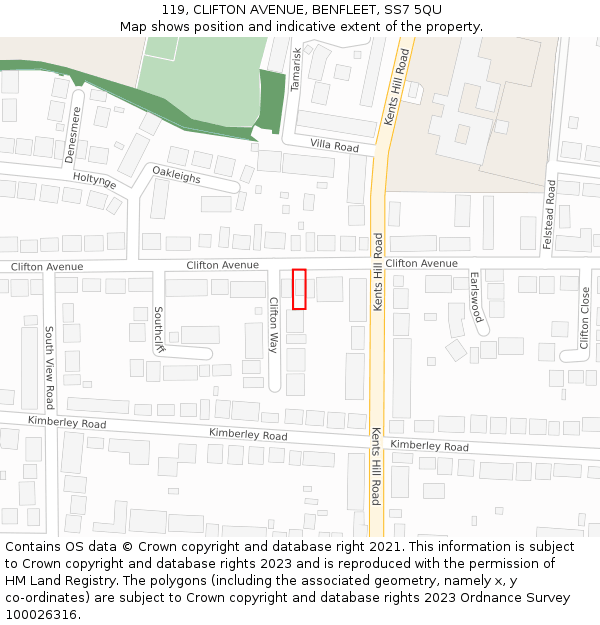 119, CLIFTON AVENUE, BENFLEET, SS7 5QU: Location map and indicative extent of plot