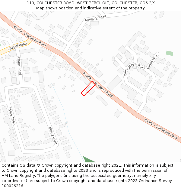 119, COLCHESTER ROAD, WEST BERGHOLT, COLCHESTER, CO6 3JX: Location map and indicative extent of plot