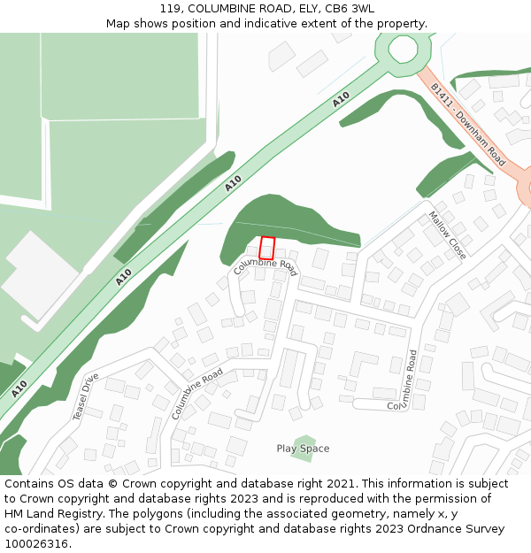 119, COLUMBINE ROAD, ELY, CB6 3WL: Location map and indicative extent of plot