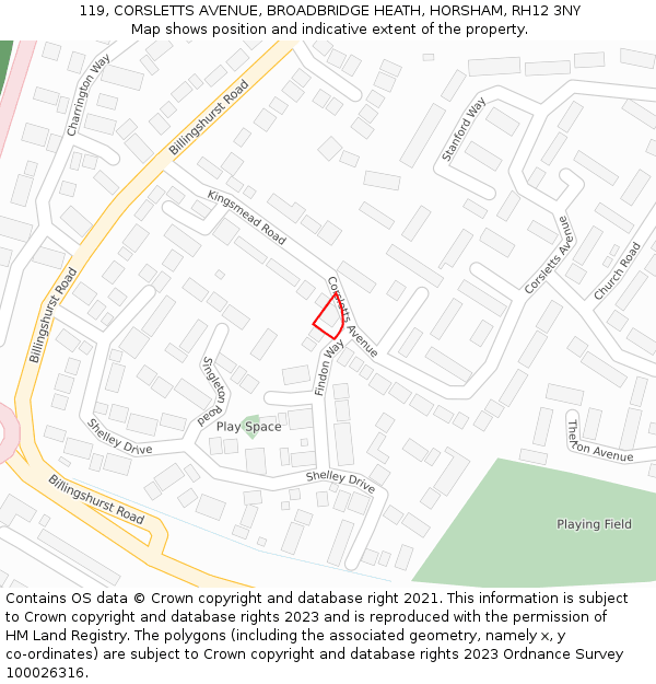 119, CORSLETTS AVENUE, BROADBRIDGE HEATH, HORSHAM, RH12 3NY: Location map and indicative extent of plot