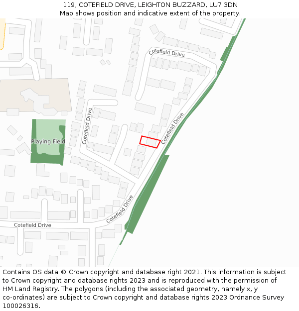 119, COTEFIELD DRIVE, LEIGHTON BUZZARD, LU7 3DN: Location map and indicative extent of plot