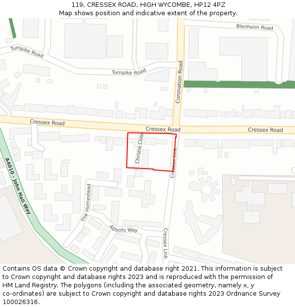 119, CRESSEX ROAD, HIGH WYCOMBE, HP12 4PZ: Location map and indicative extent of plot