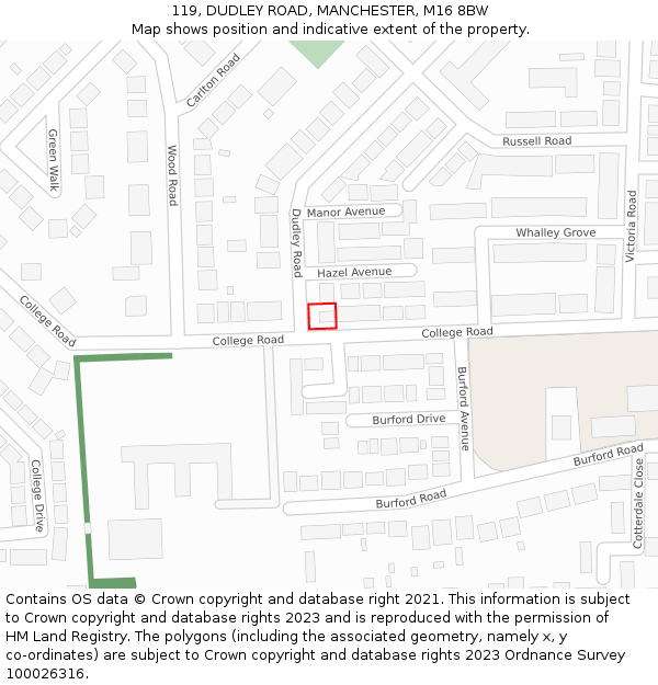 119, DUDLEY ROAD, MANCHESTER, M16 8BW: Location map and indicative extent of plot