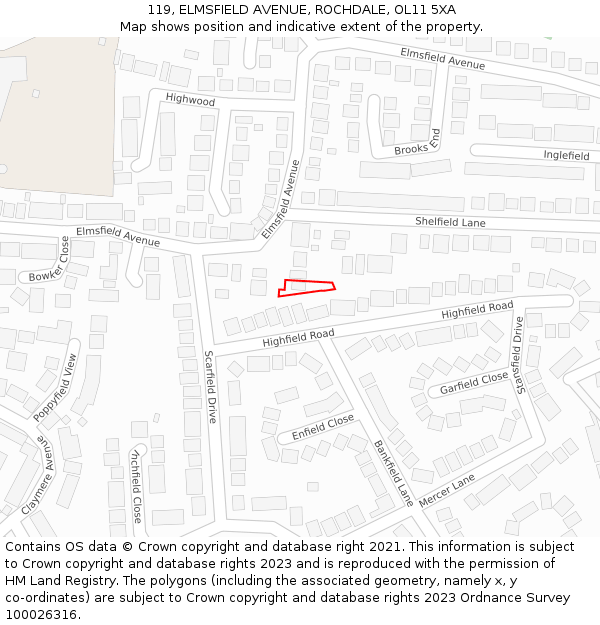 119, ELMSFIELD AVENUE, ROCHDALE, OL11 5XA: Location map and indicative extent of plot