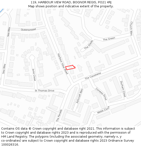 119, HARBOUR VIEW ROAD, BOGNOR REGIS, PO21 4RJ: Location map and indicative extent of plot