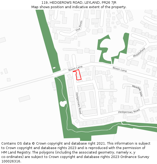 119, HEDGEROWS ROAD, LEYLAND, PR26 7JR: Location map and indicative extent of plot