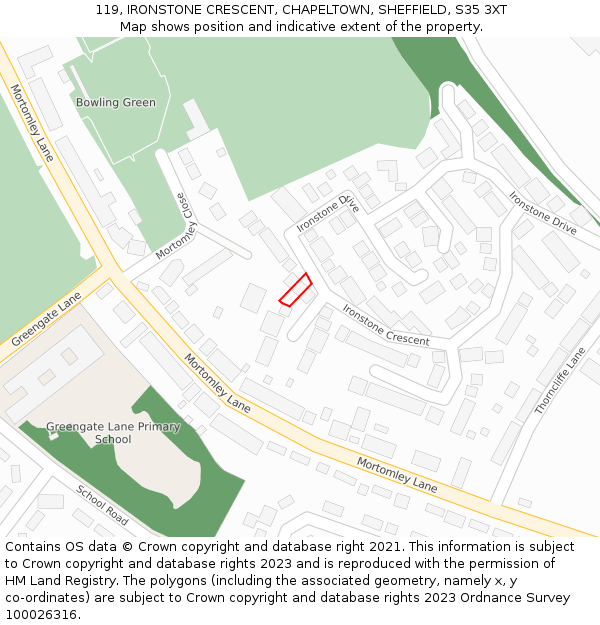 119, IRONSTONE CRESCENT, CHAPELTOWN, SHEFFIELD, S35 3XT: Location map and indicative extent of plot