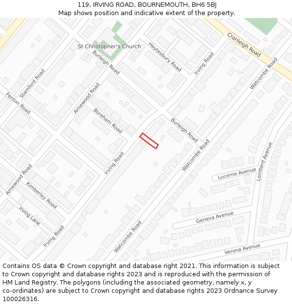 119, IRVING ROAD, BOURNEMOUTH, BH6 5BJ: Location map and indicative extent of plot