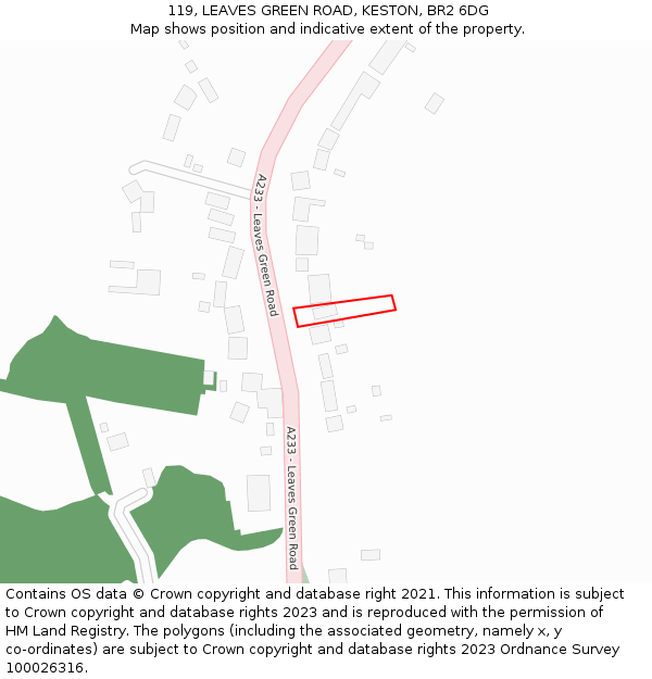 119, LEAVES GREEN ROAD, KESTON, BR2 6DG: Location map and indicative extent of plot