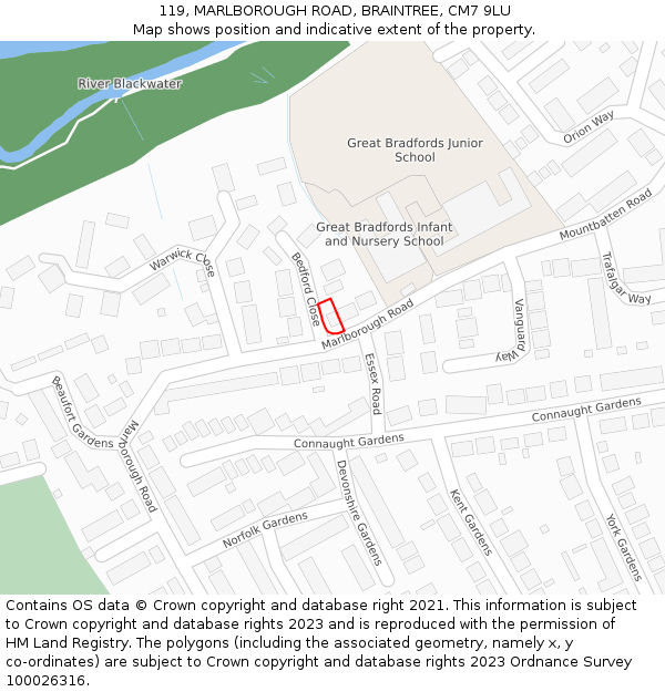 119, MARLBOROUGH ROAD, BRAINTREE, CM7 9LU: Location map and indicative extent of plot