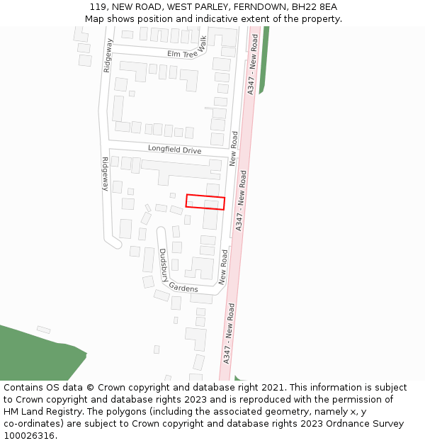 119, NEW ROAD, WEST PARLEY, FERNDOWN, BH22 8EA: Location map and indicative extent of plot