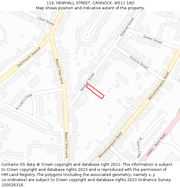 119, NEWHALL STREET, CANNOCK, WS11 1AD: Location map and indicative extent of plot