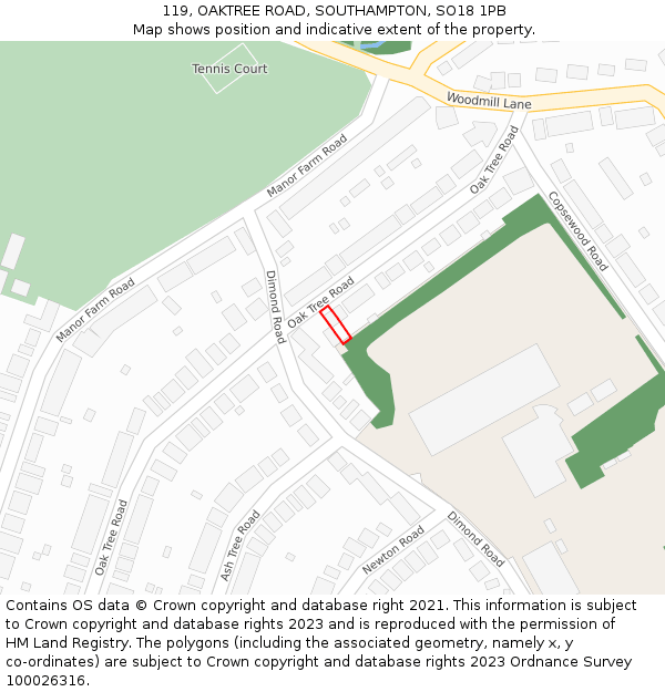 119, OAKTREE ROAD, SOUTHAMPTON, SO18 1PB: Location map and indicative extent of plot