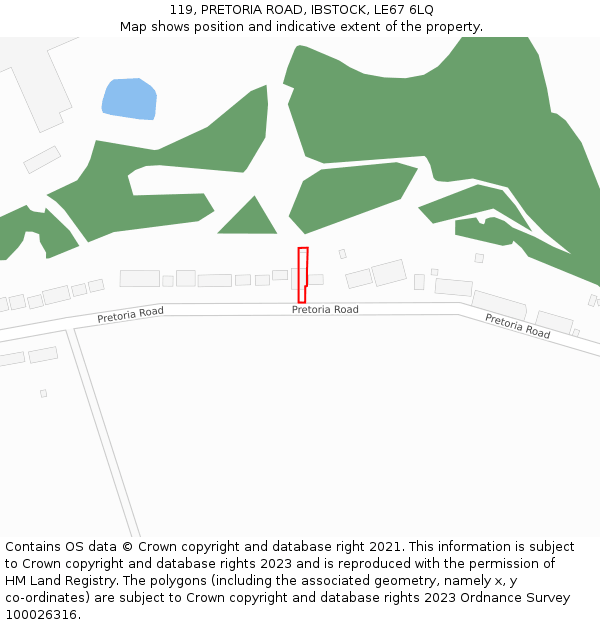 119, PRETORIA ROAD, IBSTOCK, LE67 6LQ: Location map and indicative extent of plot