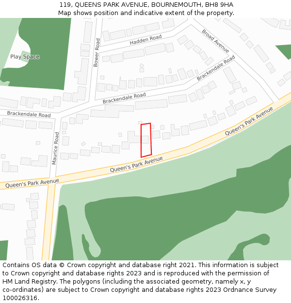 119, QUEENS PARK AVENUE, BOURNEMOUTH, BH8 9HA: Location map and indicative extent of plot