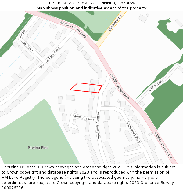 119, ROWLANDS AVENUE, PINNER, HA5 4AW: Location map and indicative extent of plot