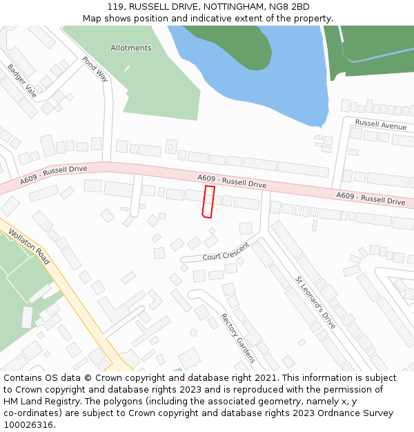 119, RUSSELL DRIVE, NOTTINGHAM, NG8 2BD: Location map and indicative extent of plot