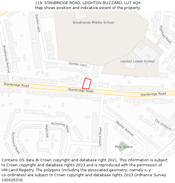 119, STANBRIDGE ROAD, LEIGHTON BUZZARD, LU7 4QA: Location map and indicative extent of plot