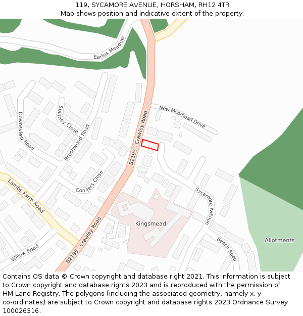 119, SYCAMORE AVENUE, HORSHAM, RH12 4TR: Location map and indicative extent of plot
