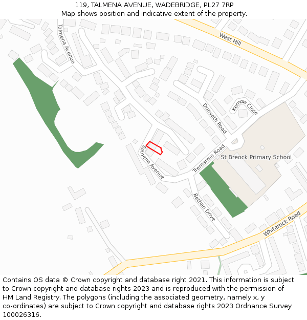 119, TALMENA AVENUE, WADEBRIDGE, PL27 7RP: Location map and indicative extent of plot