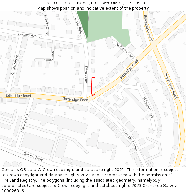 119, TOTTERIDGE ROAD, HIGH WYCOMBE, HP13 6HR: Location map and indicative extent of plot