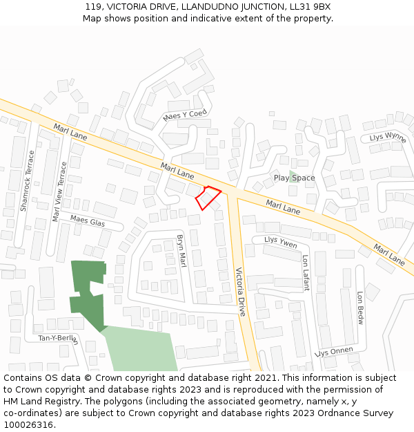 119, VICTORIA DRIVE, LLANDUDNO JUNCTION, LL31 9BX: Location map and indicative extent of plot