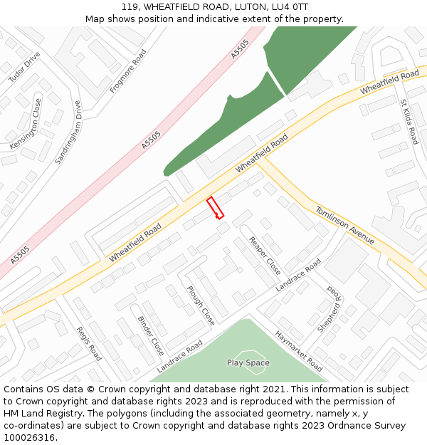 119, WHEATFIELD ROAD, LUTON, LU4 0TT: Location map and indicative extent of plot