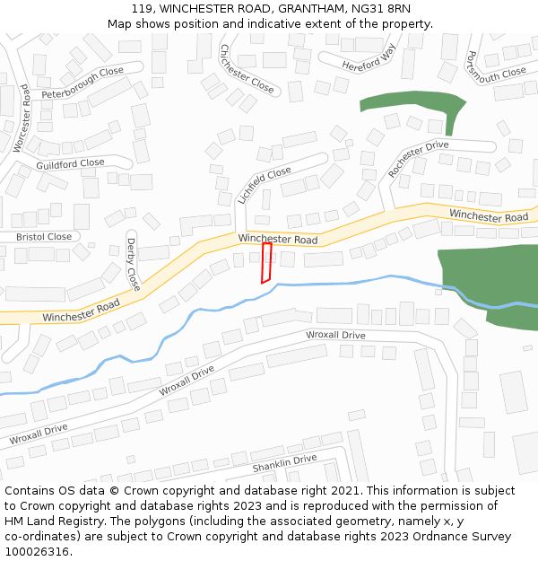 119, WINCHESTER ROAD, GRANTHAM, NG31 8RN: Location map and indicative extent of plot