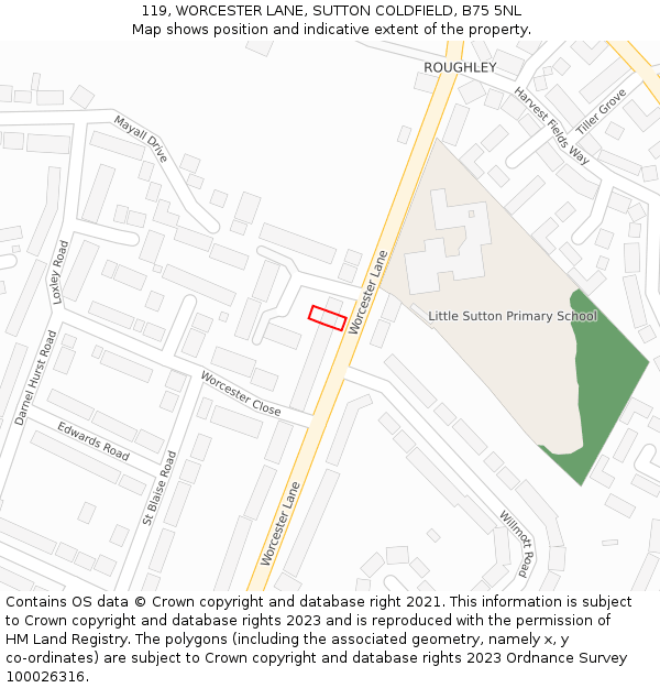 119, WORCESTER LANE, SUTTON COLDFIELD, B75 5NL: Location map and indicative extent of plot